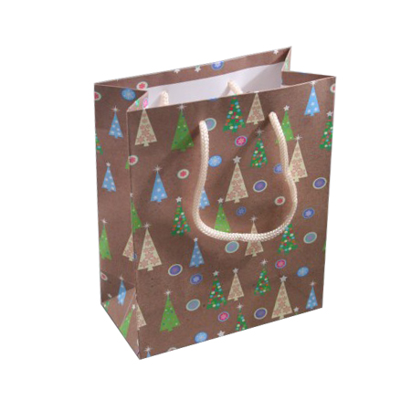Small Brown Christmas Tree Gift Bag with Black Corded Handles Small Brown Christmas Tree Gift Bag with Black Corded Handles