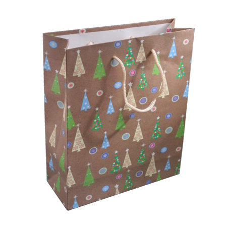 Medium Brown Christmas Tree Gift Bag with Black Corded Handles