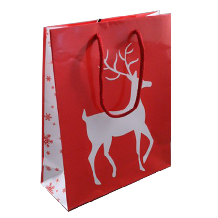 Medium Glossy Red Christmas Gift Bag with White Reindeer Design