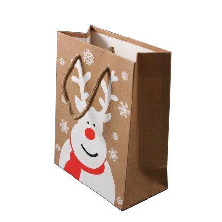 Small-Brown-Christmas Gift Bag with White Reindeer and Snowflake Print