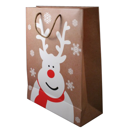 Medium-Brown-Christmas Gift Bag with White Reindeer and Snowflake Print