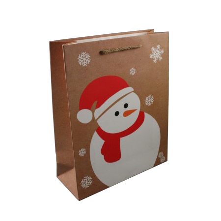 Medium-Brown-Christmas Gift Bag with Snowman and Snowflake Print