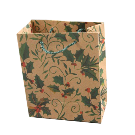 Small Holly Print Natural Brown Gift Bag with Cord Handles