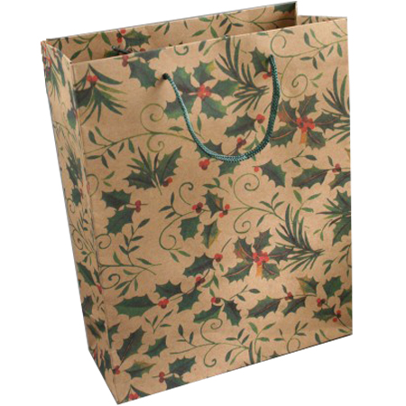 Large Holly Print Natural Brown Gift Bag with Cord Handles