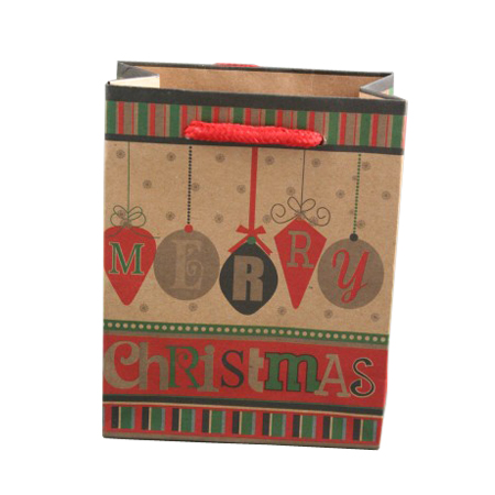 Small Natural Brown Paper Gift Bag with Merry Christmas Bauble Print and Cord Handle Small Natural Brown Paper Gift Bag with Merry Christmas Bauble Print and Cord Handle