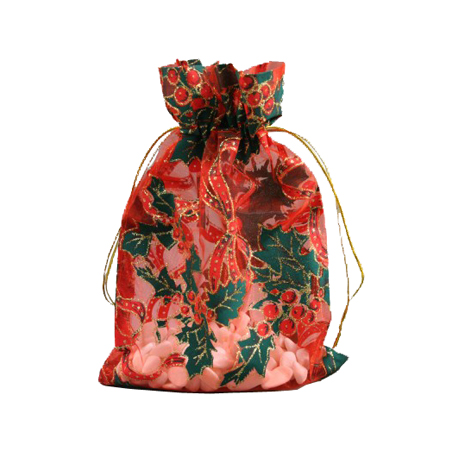 Small Red Christmas Organza Gift Bag with Holly Print