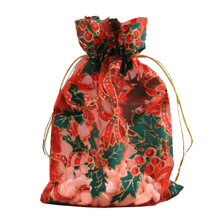 Medium Red Christmas Organza Gift Bag with Holly Print Medium Red Christmas Organza Gift Bag with Holly Print