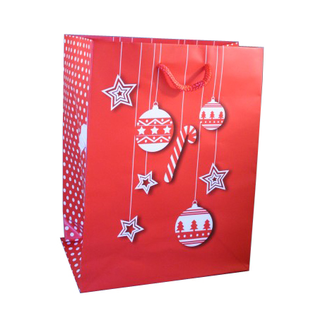 Small Red Christmas Gift Bag with White Bauble and Star Design with Polka Dot Side Panel Small Red Christmas Gift Bag with White Bauble and Star Design with Polka Dot Side Panel