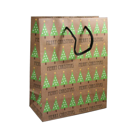 Medium Brown Christmas Tree Gift Bag with Black Corded Handles
