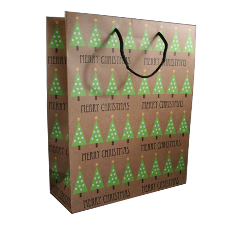 Large Brown Christmas Tree Gift Bag with Black Corded Handles