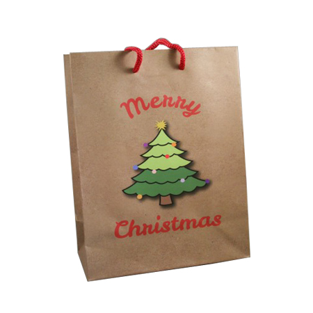 Medium Brown Merry Christmas with Christmas Tree Gift Bag Red Corded Handles Medium Brown Merry Christmas with Christmas Tree Gift Bag Red Corded Handles