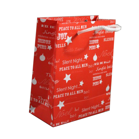 Small Red Christmas Gift Bag with White Festive Christmas Writing and White Cord Handles Small Red Christmas Gift Bag with White Festive Christmas Writing and White Cord Handles