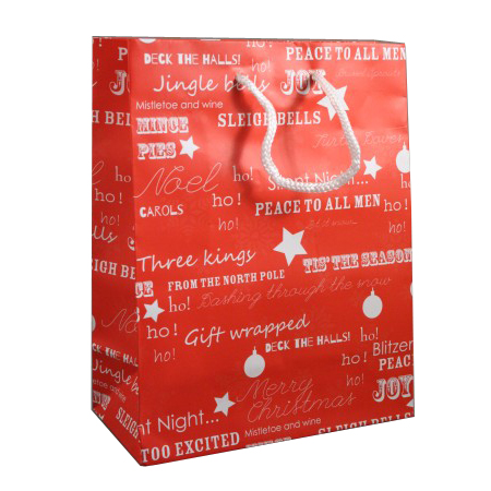 Medium Red Christmas Gift Bag with White Festive Christmas Writing and White Cord Handles Medium Red Christmas Gift Bag with White Festive Christmas Writing and White Cord Handles