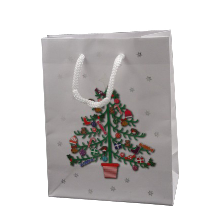 Small White Merry Christmas and Tree Design Gift Bag with White Cord Handles