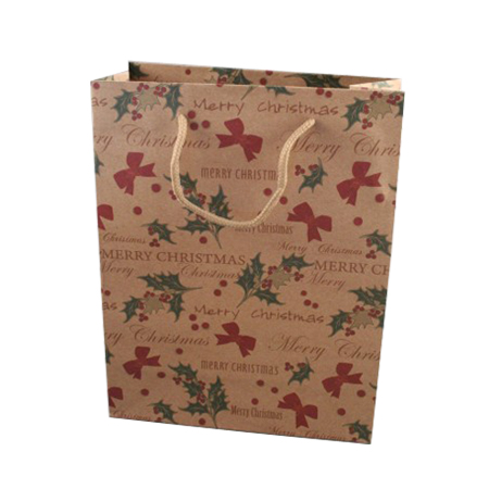 Small Merry Christmas Natural Brown Kraft Paper Gift Bag with Holly and Bows Print