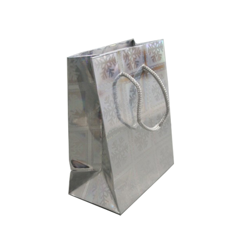 Small Silver Snowflake Christmas Holographic Gift Bag with Grey Corded Handle Small Silver Snowflake Christmas Holographic Gift Bag with Grey Corded Handle