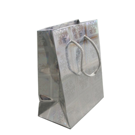 Medium Silver Snowflake Christmas Holographic Gift Bag with Grey Corded Handle Medium Silver Snowflake Christmas Holographic Gift Bag with Grey Corded Handle